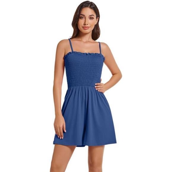 Women Casual Square Neck Rompers Jumpsuit Navy Blue - Picture 2 of 6